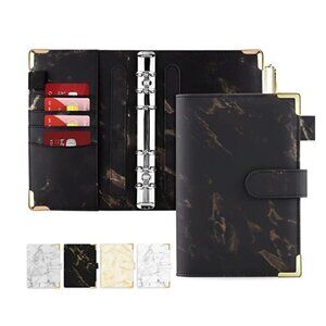 A6 Black Leather Marble Budget Binder, Refillable Magnetic Buckle Closure